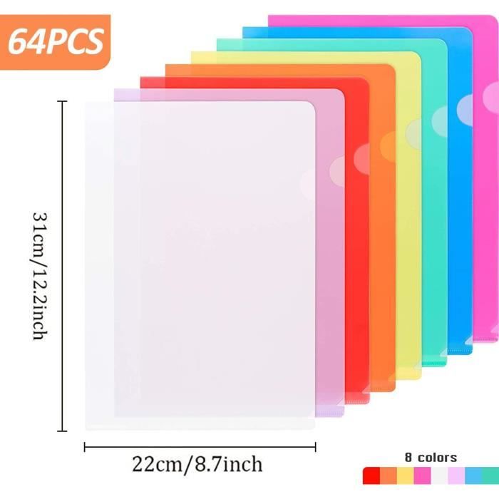 Lot De 64 Pochette Plastique A4 Color?�s, 8 Couleurs Chemise Plastique Transparente, Pochette 