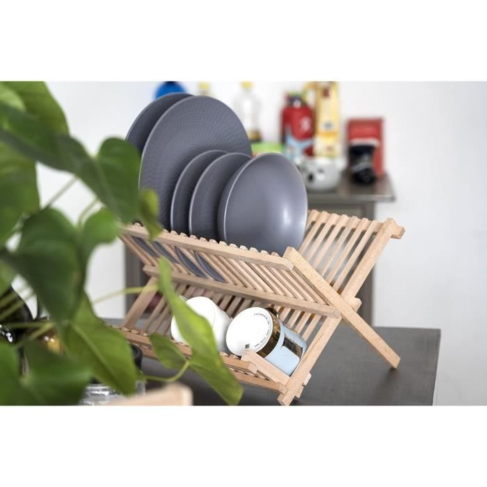 Égouttoir à Vaisselle Pliable 2 étages En Bambou - Avec Support Pour Ustensiles - Gain De Place, Design Naturel - Pour Cuisine, Camping, Petits Espaces - 3