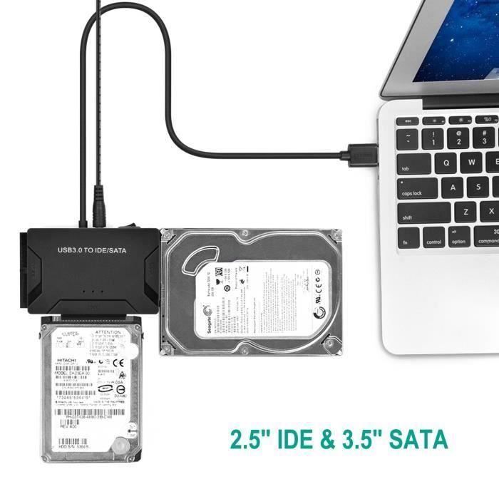 Connexion IDE USB Adaptateur USB 3.0 Vers IDE/SATA - Lecteur Disque Dur Externe HDD/SSD 2,5/3,5 - Alimentation 12V/2A Incluse Transfert Données Disque Dur
