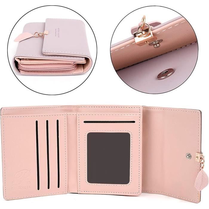 Portefeuille Femme Pendentif Cœur - PU Cuir, 6 Cartes, Fermeture Éclair Et Gland Déco