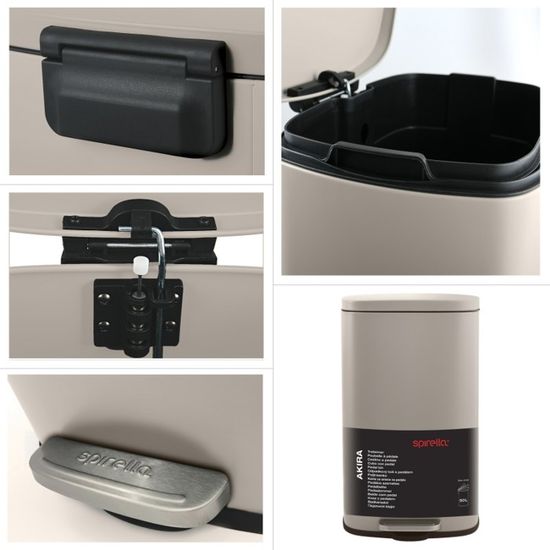 Poubelle à Pédale Spirella Akira 12L - Acier Inoxydable Blanc Mat - Fermeture Douce Et Silencieuse