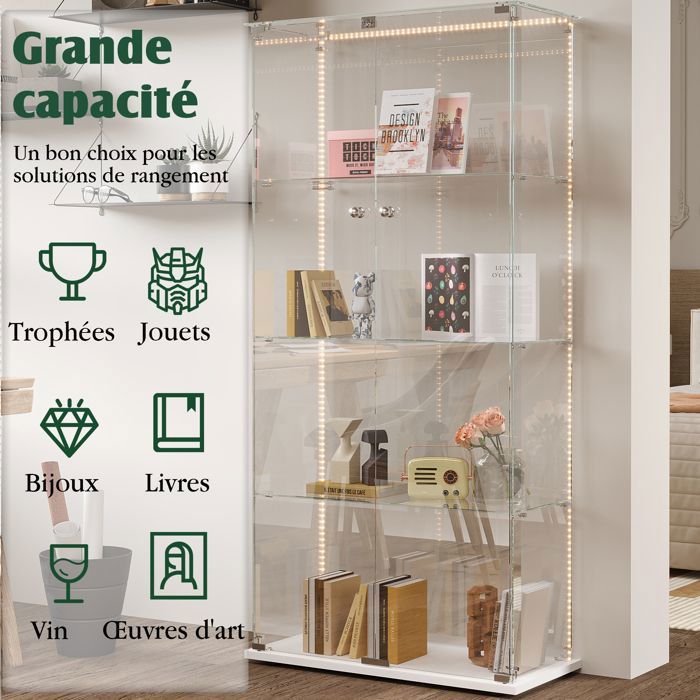 Vitrine LED Trempé 3 Étagères Avec Miroir Et Serrure – 125x42x36 Cm – Présentoir Lumineux RVB Pour Collection, Vin, Figurines, Livres