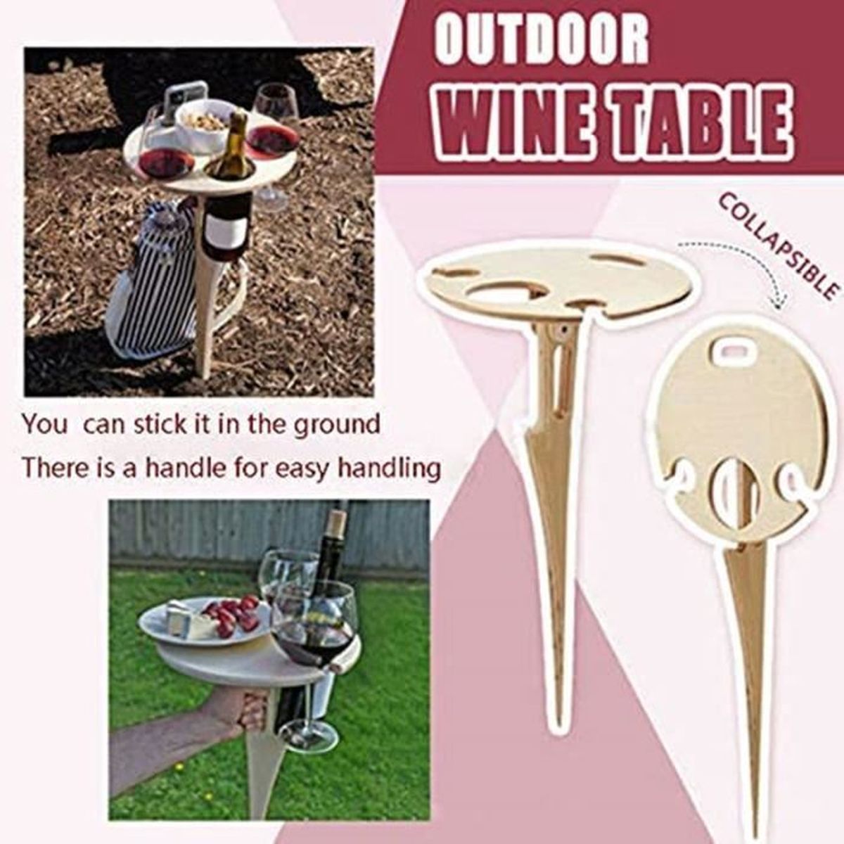 Table à Vin Pliable Portable En Bois Pour La Plage, Le Jardin, Les Pique- Niques, Les Fêtes