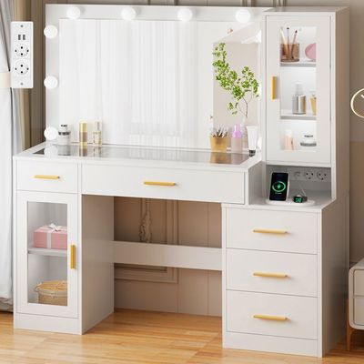 Coiffeuse Avec Miroir LED 122 Cm - 5 Tiroirs, Plateau Verre, Port USB | Meuble Chambre élégant Et Fonctionnel