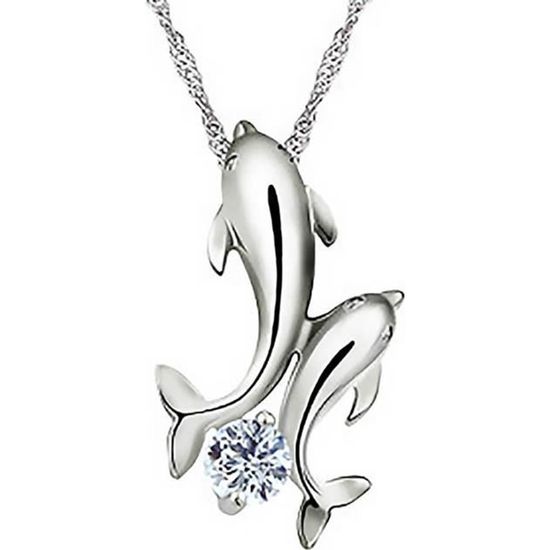 Collier Femme Argent Massif 925 Avec Dauphins Et Ambre - Occasion, Pierre Cabochon - Style Bohème Marin