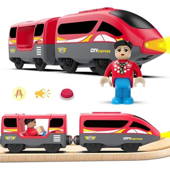 Train Locomotive à Piles - Jouet Magnétique Bois - Compatible Brio, Thomas - Avec Personnages - Rouge