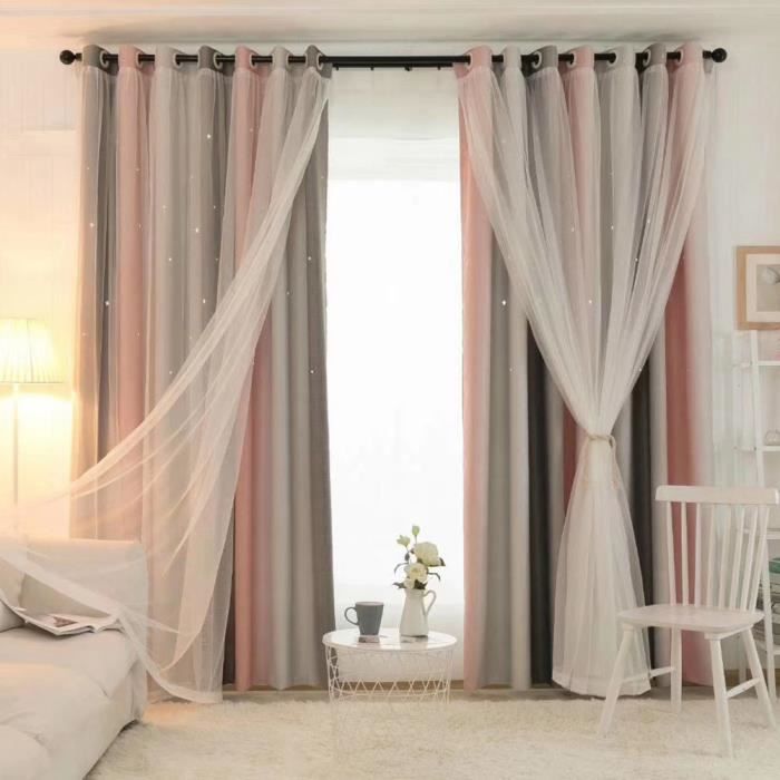 Gradient Voile Creux Etoiles Rideaux Étoile Découpé pour Chambre Double Couche Blackout Rideaux pour Chambre Enfants Chambre
