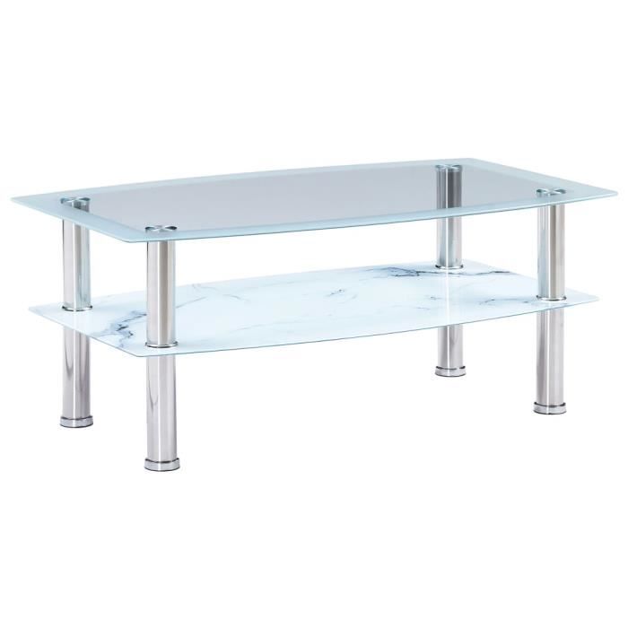 Meuble💙- Table Basse Contemporain Table d'appoint Bout de canapé à l'aspect du marbre Blanc 100x60x42cm Verre trempé☆3899