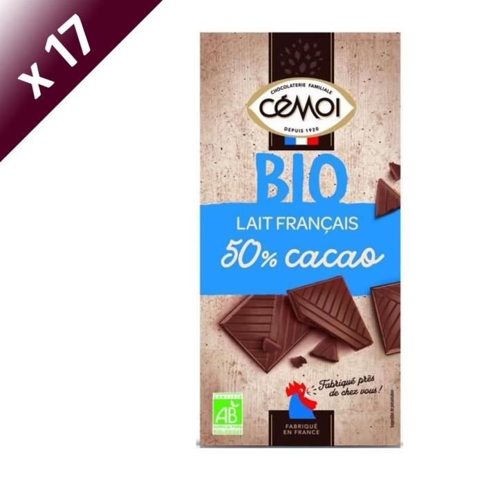 CEMOI Lot de 17 Tablettes - Dégustation Chocolat au lait 50% - Bio - 90g