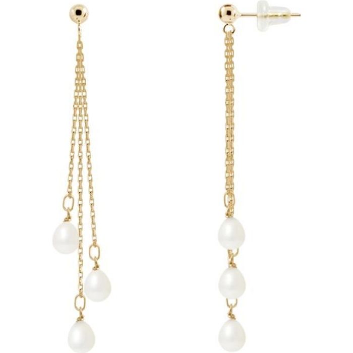 PERLINEA - Boucles d'Oreilles - Véritables Perles de Culture d'Eau Douce Poires 5-6 mm Blanc Naturel - Or Jaune - Bijoux Femme