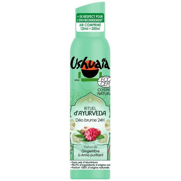 USHUAÏA Déodorant atomiseur 24 h Rituel d'Ayurveda - Parfum Gingembre et Amla - 125 ml