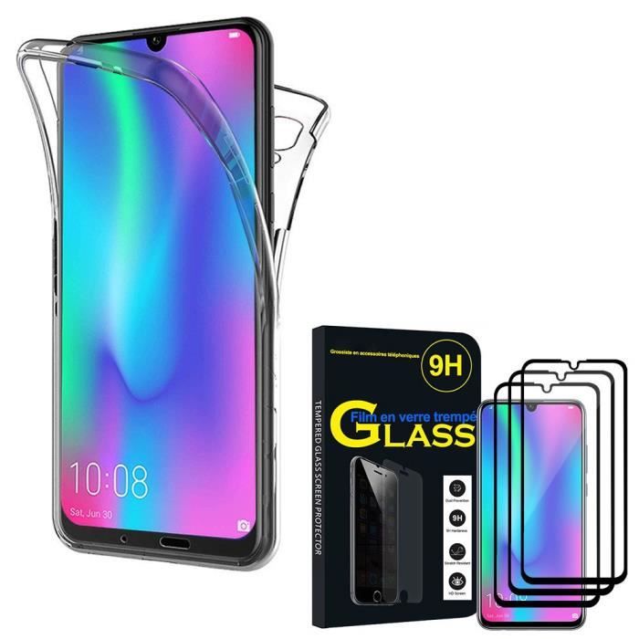 Pour Huawei Honor 10 Lite : Coque Silicone 360° protection Avant et Arrière - TRANSPARENT + 3x Films verre trempé de couleur - NOIR
