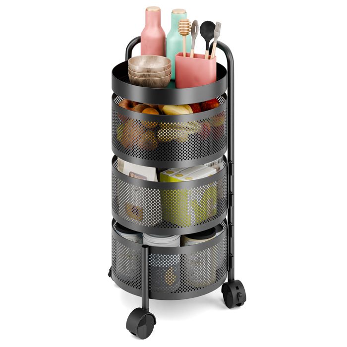 Resserre 3 Paniers Rotatifs Sur Roulettes - Acier Noir - H 60 Cm, D 33 Cm - Pour Cuisine, Salle De Bain, Bureau