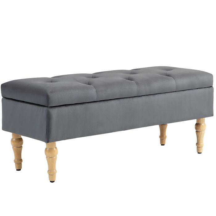 Banc coffre de rangement HOMCOM 2 en 1 banquette en velours avec couvercle à charnière capitonné et pieds en bois gris foncé