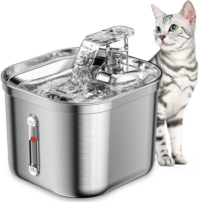 Fontaine à Eau Pour Chat Bizcasa 2,2L - Inox, Silencieuse, Filtre, Robinet, LED Bleue