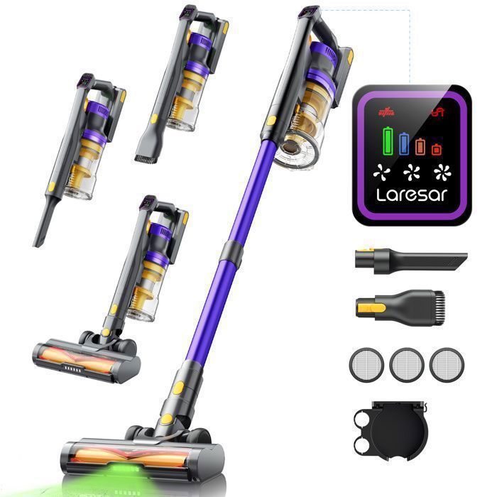 Aspirateur Balai sans Fil - 75000Pa Aspirateur sans Fil- 60min Autonomie - Brosse avec Verte LED - 2L - Moteur sans balais - Laresar