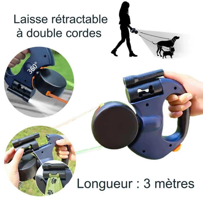 Meilleurs prix pour Laisse Rétractable à Double Corde 3M bleu marine – 2 chiens ≤8 kg LED pivot 360° anti-nœuds bandes réfléchissantes