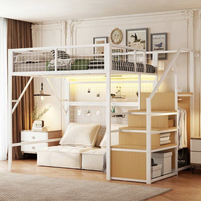 Lit mezzanine - LANGTU - 140x200 cm - LED intégrée - Escalier avec rangements - Armoire ouverte