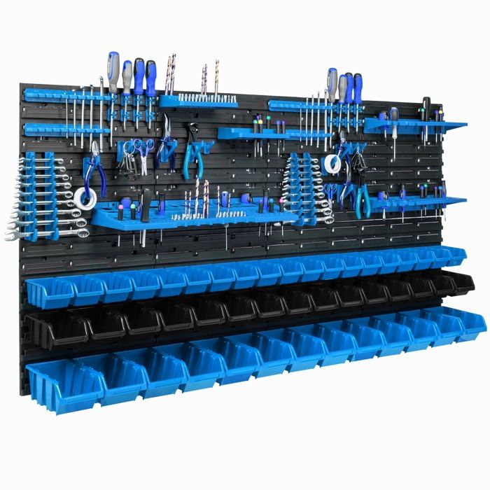Étagère murale - Botle - 156 x 78 cm - 47 boîtes de rangement - Plastique bleu et noir - Outils inclus