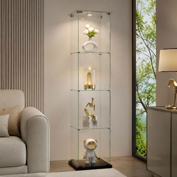 Vitrine en verre trempé noirmeuble de collection transparent avec 1 porte et 4 niveaux et lampe toucher，pour salle à mangersalon