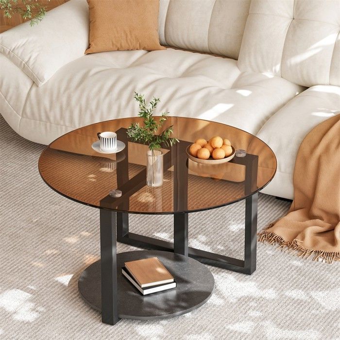 Table Basse Ronde - Meuble de Salon en Verre Trempé et Métal - 80x46.5cm - Ambré et Noir