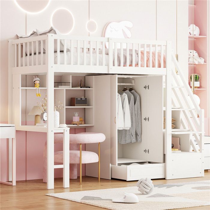 Lit mezzanine 90 x 200 cm enfant avec bureau et armoire lit simple avec echelle Intégrée et espace de rangement sous le lit blanc