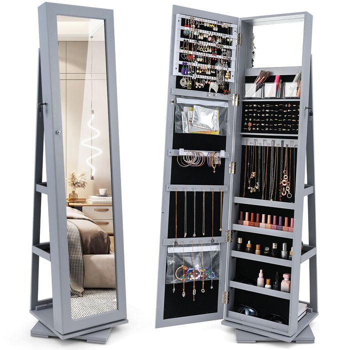 3 en 1 Armoire à Bijoux sur Pieds COSTWAY Pivotante à 360 Degrés Grand Miroir Psyché et Etagère de Rangement à LArrière Gris