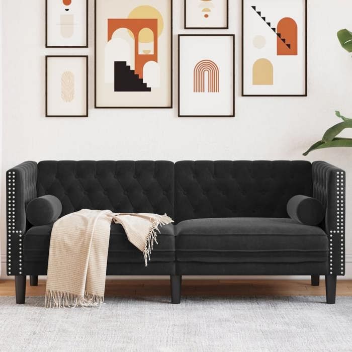 Canapé Chesterfield 2 places velours - vidaXL - Noir - 174x74.5x70.5 cm - Velours - Boutons tuftés - Traversins inclus