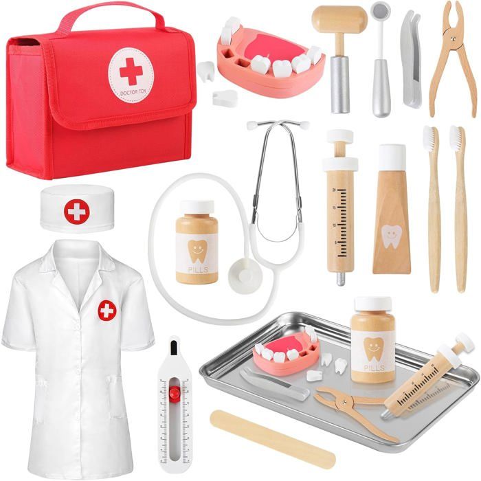 Malette Docteur Enfant Médecin Jouet Bois avec stéthoscope Mallette de DentisteBlouse de Docteurpour Filles garçons 3 4 5 Ans