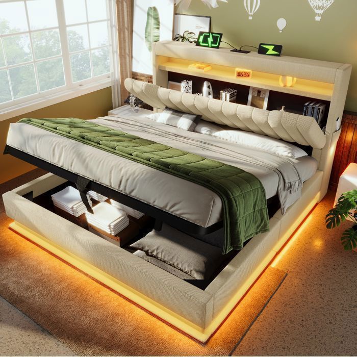 Lit Coffre 140x200 cm - Modenuit - Lit Adulte - Tête de Lit avec Rangement - USB et LED - Lin Beige - Sans Matelas