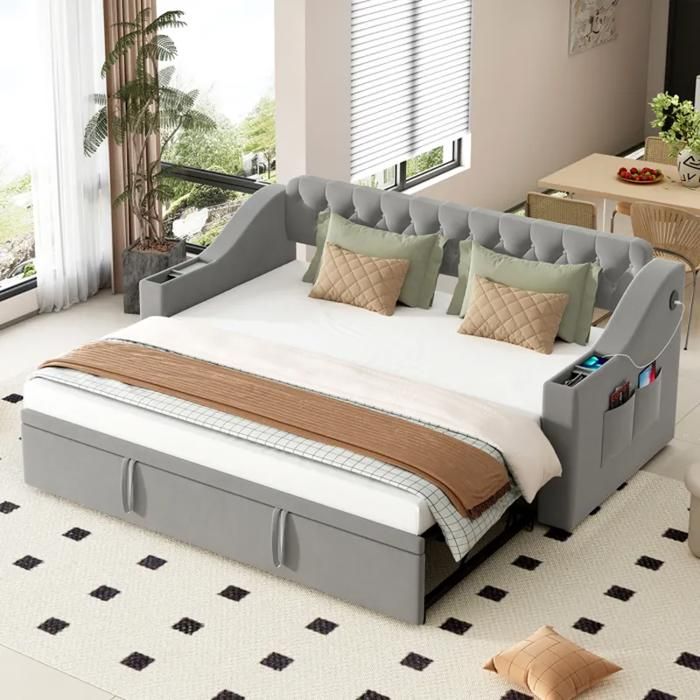 Canapé-lit convertible 90180 x 190 cm - Avec ports de recharge USB - Avec poches de rangement - Tissu velours - Gris (matelas