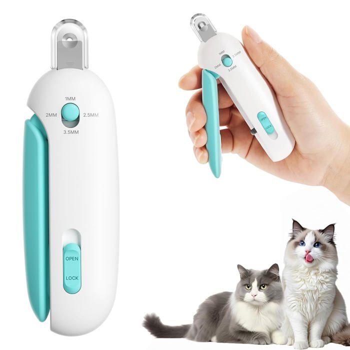Coupe Griffes Chat avec Trou 3 Tailles Réglable Lime à Ongles Cachée Sûr Anti-éclaboussures Coupe Ongle Chat (Bleu)