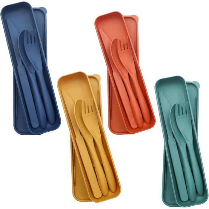 Ensemble de Couverts de Voyage Réutilisables - 4 Sets Portables en Plastique - Pour Pique-Nique et Camping  4 Couleurs