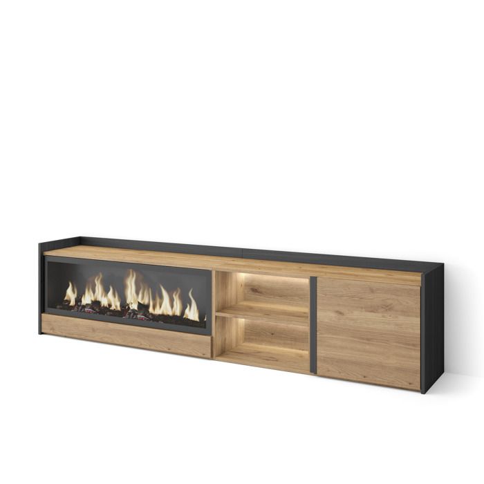 Meuble TV 212x35x50cm avec Cheminée électrique XXL à gauche LED Chêne et noir RF4482 Meuble TV 212x35x50cm avec Cheminée électrique XXL à gauche LED Chêne et noir RF4482