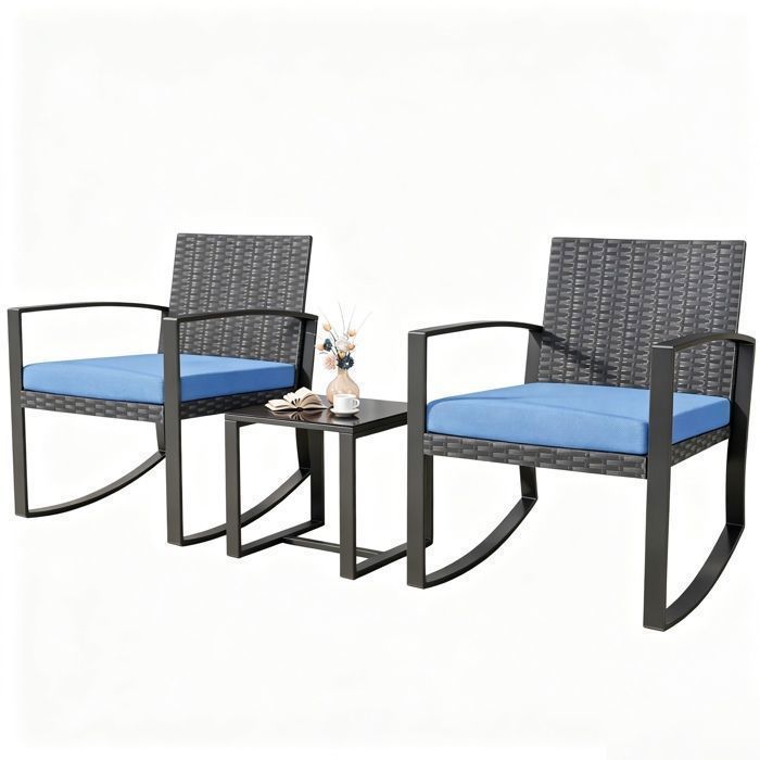 Salon de Jardin - Bealife - 2 Fauteuils Bascule - 1 Table Basse Verre Trempé - Coussin Déhoussable - Résine Tressée Bleu - Véranda