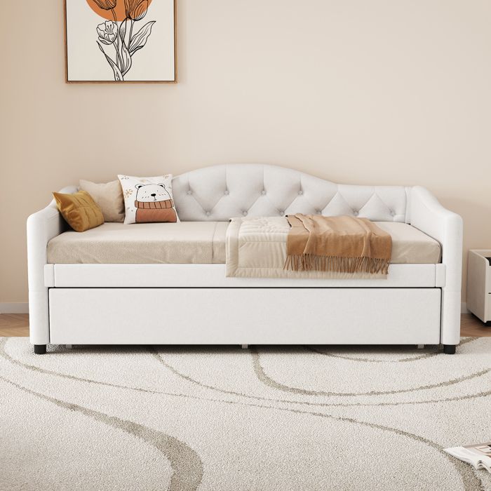 Lit de jour 90x200 cm lit gigogne extensible canapé-lit gain de place stable chambre d’amis salon tissu lin beige