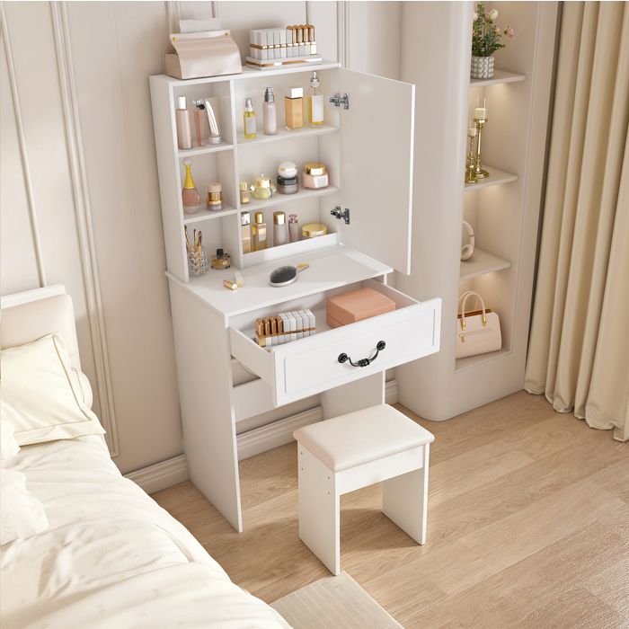 Coiffeuse compacte 60 x 36 x 1315 cm avec miroir LED 3 modes rangements intégrés et tabouret blanc MDFmontage rapide