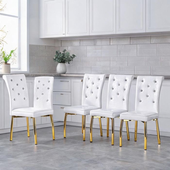 Set de 4 chaises de salle à manger en simili cuir alligator rétro design boucle cristal finition blanc et doré