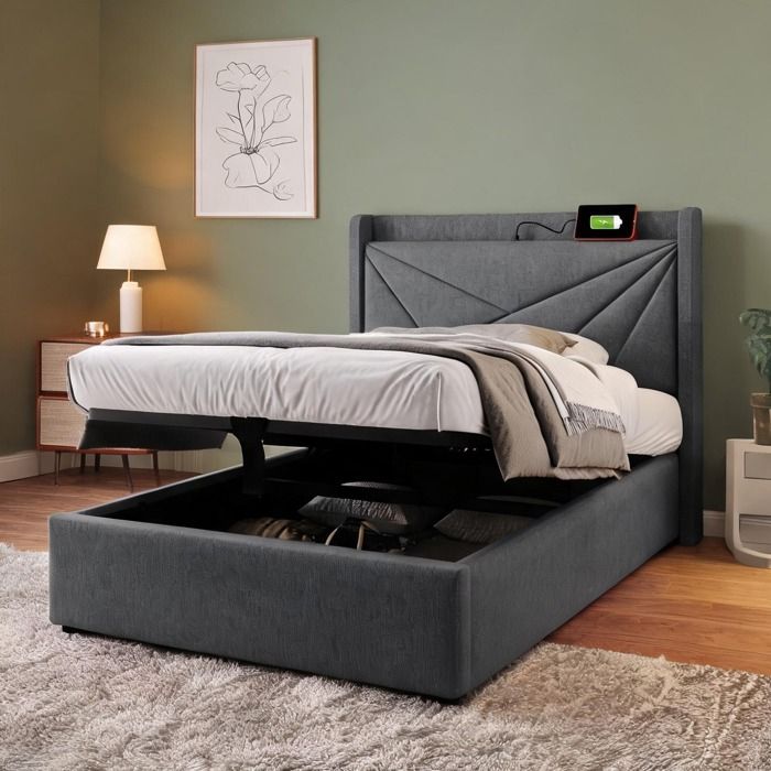 Sommier simple 90x200 en revêtement coton lin soft gray avec coffre tête de lit design et ports USB-C structure fer et lattes