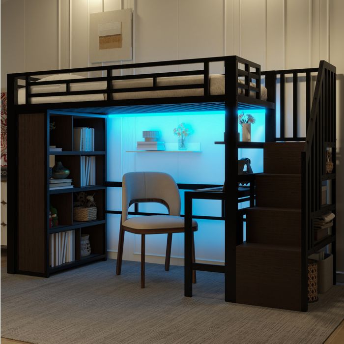 HOMVRA Lit mezzanine 90x200 cm avec bureau étagères escalier de rangement et LED métal noir