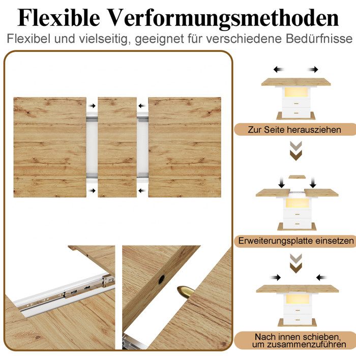 DESVIAE Table à manger extensible 110-140 cm avec LED rangement 2 tiroirs MDF aspect bois blanc