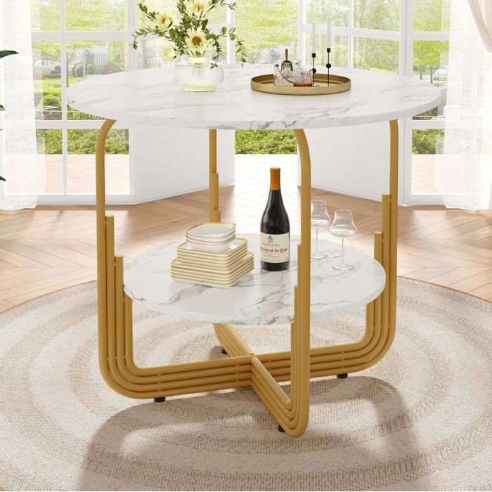 WOVREO Table à manger ronde 80 cm pour 4 personnes plateau MDF imitation marbre rangement inférieur