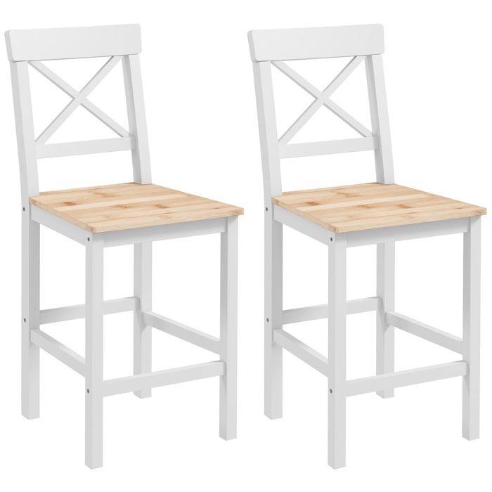 CollaHausse Lot de 2 Tabourets de Bar de Cuisine Hauts avec Dossier Haut et Repose-pieds en Bois de Pin Naturel et Blanc