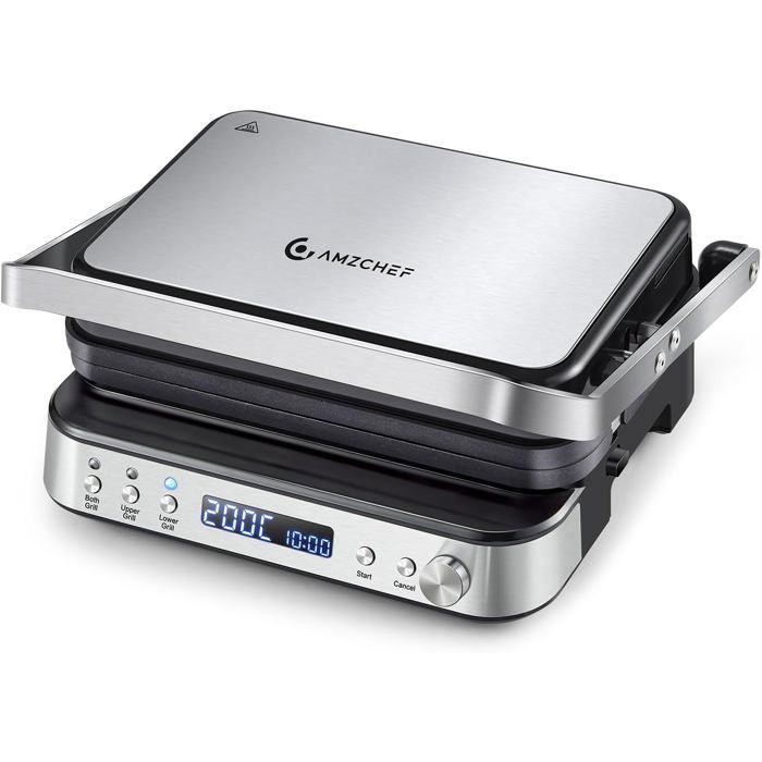 Grill contact 4-en-1 gaufrier et sandwichmaker 4 plaques amovibles antiadhésives température réglable LED 2000W argent