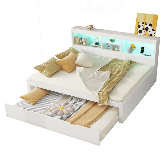 lit combine 140 x 200 cm SENVIRO avec lit gigogne 90 x 190 cm LED prise USB rangements en tete de lit blanc