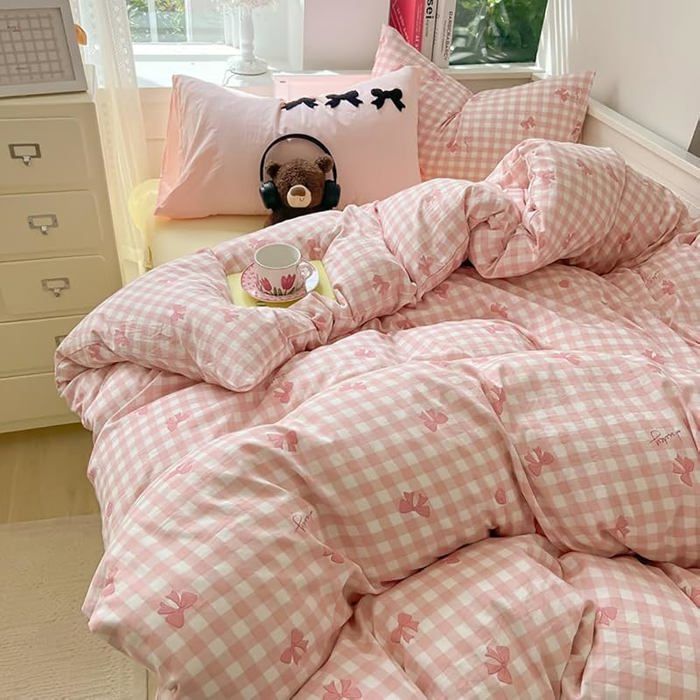 Housse de Couette 220x240 à Carreaux Rose N ud Papillon Parure de Lit 220 x 240 + 2 x 65 x 65 Rose N ud ROSE NœUD PARURE DE COUETTE