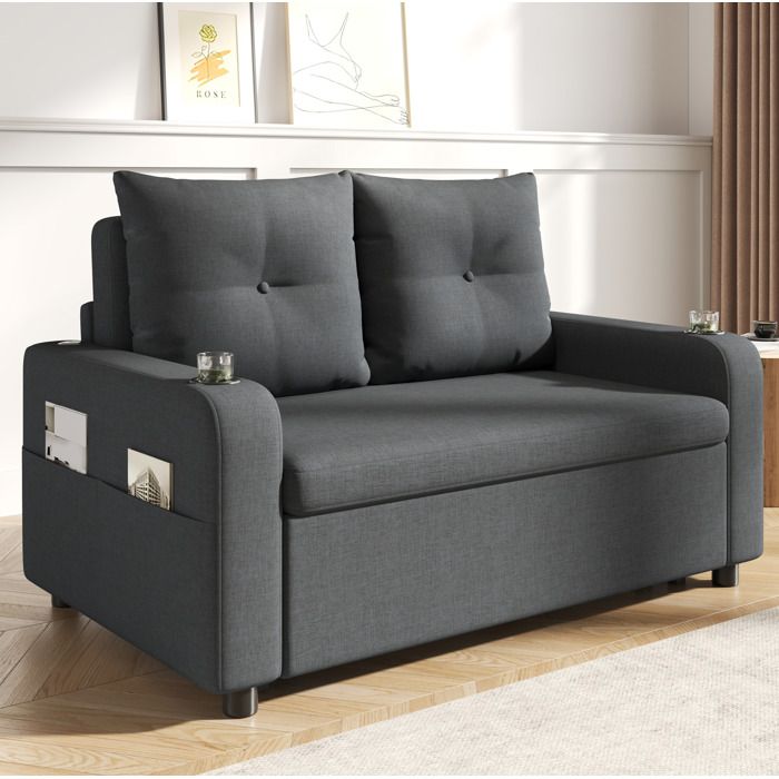 Canapé convertible 3 en 1 AESVAR 2 places avec lit dappoint USB et Type-C tissu gris