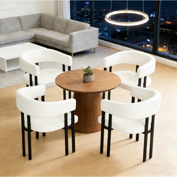 Chaise de salle à manger moderne avec accoudoirs AESVAR dossier incurvé simili cuir beige structure métal