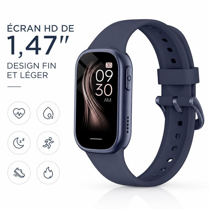 Bracelet connecté – Écran 1.47 Suivi Tension Artérielle SpO2 – Sport Santé Quotidienne – 45x26.5mm Bleu