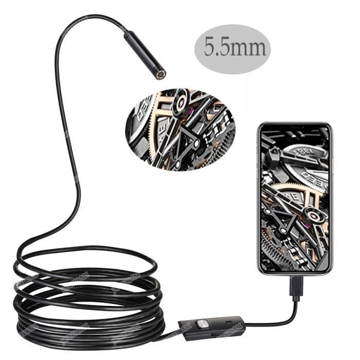 Endoscope Caméra Inspection 1080HD 5,5m - Caméra étanche IP67 8mm, Semi-rigide Avec Lumière - Compatible IOS Android Pour Téléphone